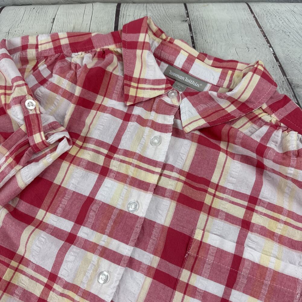 Woman Within Plaid Seersucker Shirt 22/24 1X Womens Red Short-Sleeve Button